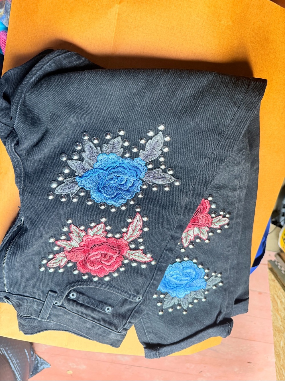 Carmar Black Jeggings with Blue & Pink Floral Embroidery